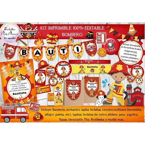 Kit Imprimible Candy Bar Bombero 100% Editable