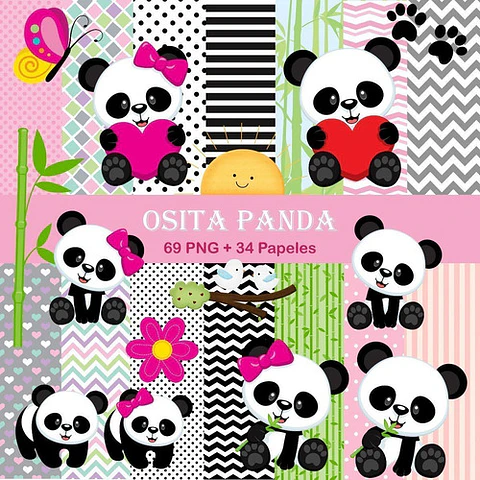 Kit Digital Ositos Panda Clipart Png + Papeles Digitales