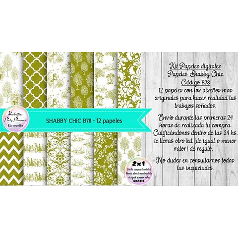 Papeles Digitales Shabby Chic Vintage Verde Y Blanco B78