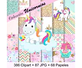 Kit Colección Cliparts Png + Papeles Unicornios