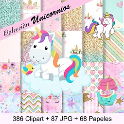 Kit Colección Cliparts Png + Papeles Unicornios