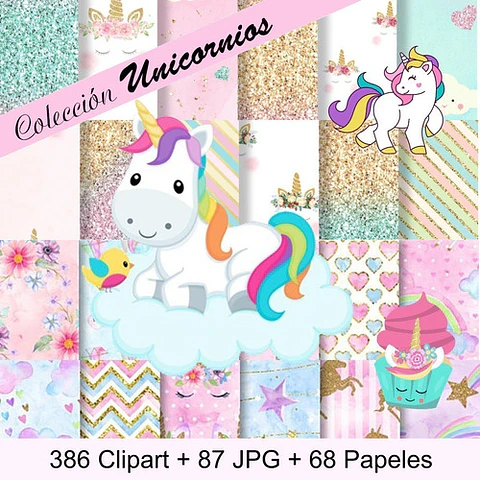 Kit Colección Cliparts Png + Papeles Unicornios