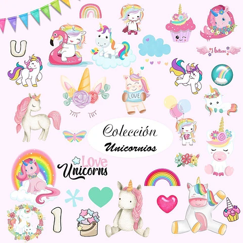 Kit Colección Cliparts Png + Papeles Unicornios