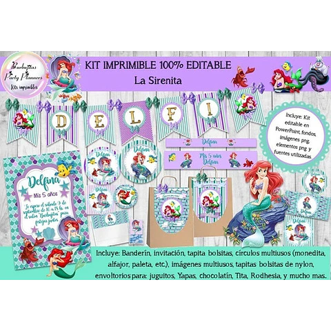 Kit Imprimible Candy Bar La Sirenita Mermaid 100% Editable