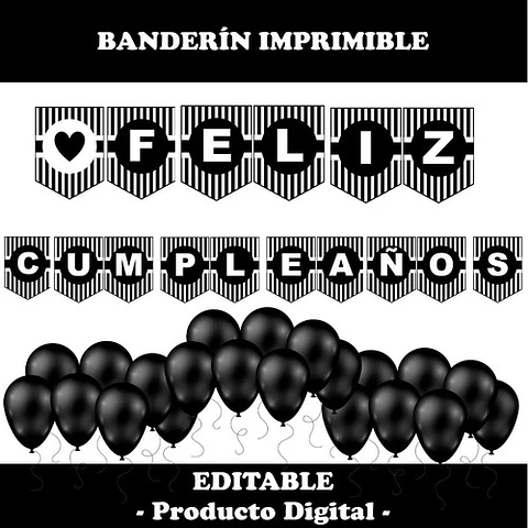 Kit Imprimible Banderín Feliz Cumpleaños Negro Y Blanco