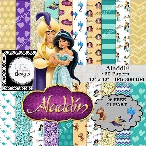 Kit Imprimible Aladin 25 Clipart - 30 Fondos