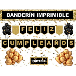 Kit Imprimible Banderín Feliz Cumpleaños Dorado Y Negro