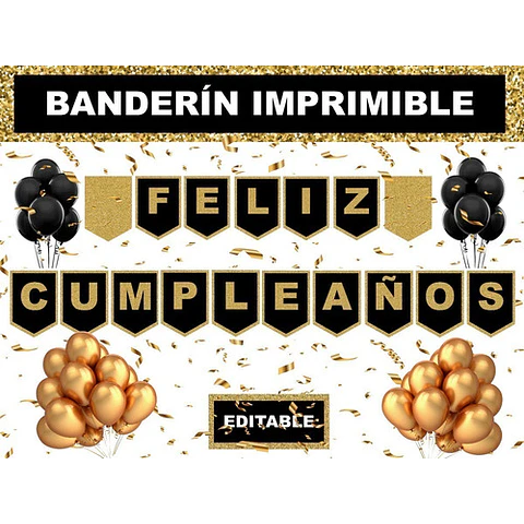 Kit Imprimible Banderín Feliz Cumpleaños Dorado Y Negro