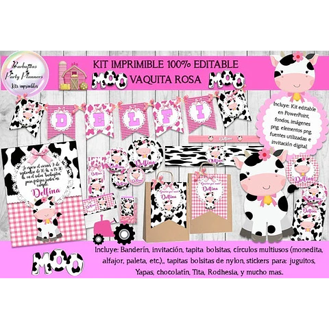 Kit Imprimible Candy Bar Vaca Vaquita Rosa 100% Editable