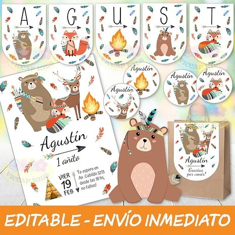 Kit Imprimible Animales Del Bosque Tribal 100% Editable