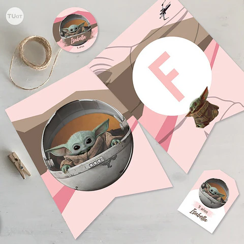 Kit Imprimible Baby Yoda Rosa Tukit