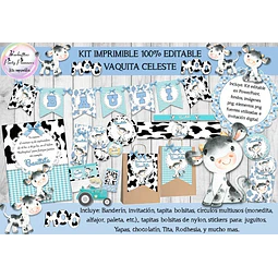 Kit Imprimible Candy Bar Vaca Vaquita Celeste 100% Editable