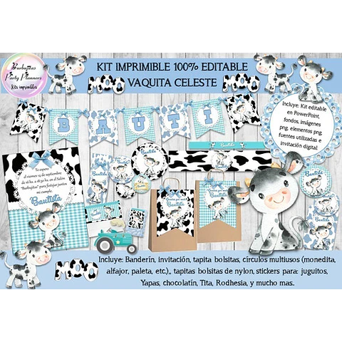 Kit Imprimible Candy Bar Vaca Vaquita Celeste 100% Editable