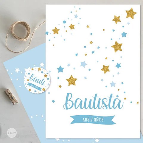 Kit Imprimible Estrellas Glitter Dorado Blanco Celeste Candy