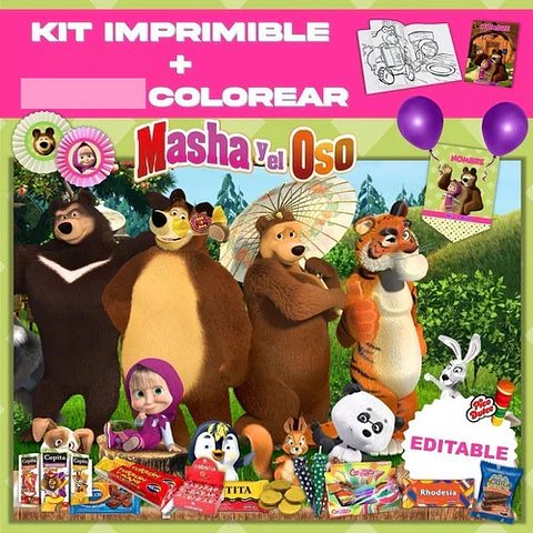Kit Imprimible Masha Y El Oso Editable + Libro Para Colorear