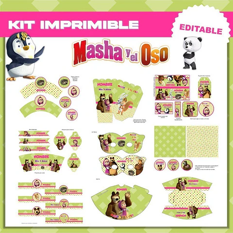 Kit Imprimible Masha Y El Oso Editable + Libro Para Colorear