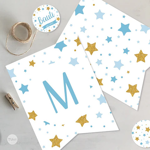 Kit Imprimible Estrellas Glitter Dorado Blanco Celeste Candy