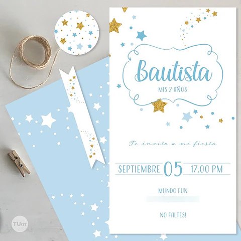 Kit Imprimible Estrellas Glitter Dorado Blanco Celeste Candy