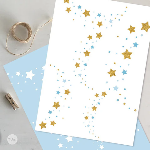 Kit Imprimible Estrellas Glitter Dorado Blanco Celeste Candy