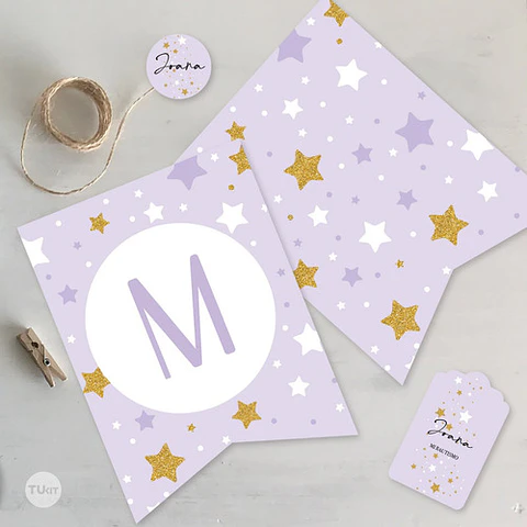Kit Imprimible Estrellas Dorado Lila Tukit
