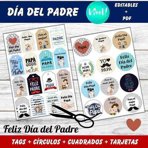 Kit Imprimible Día Del Padre Tags, Círculos Y Tarjetas Papá
