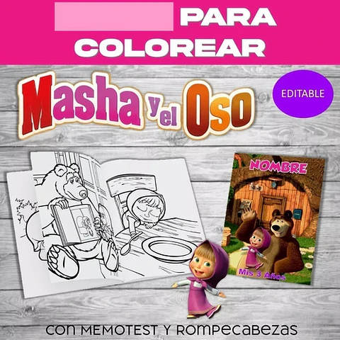 Kit Imprimible Masha Y El Oso Editable + Libro Para Colorear