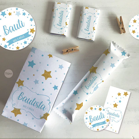 Kit Imprimible Estrellas Glitter Dorado Blanco Celeste Candy