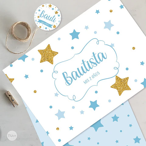 Kit Imprimible Estrellas Glitter Dorado Blanco Celeste Candy