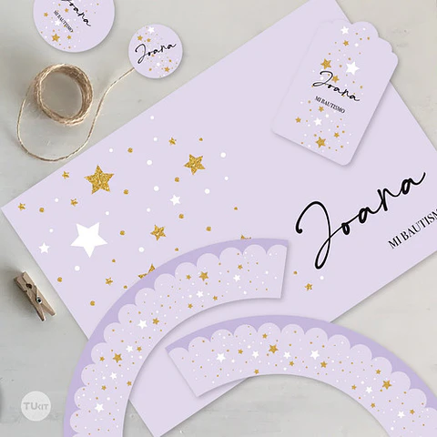 Kit Imprimible Estrellas Dorado Lila Tukit