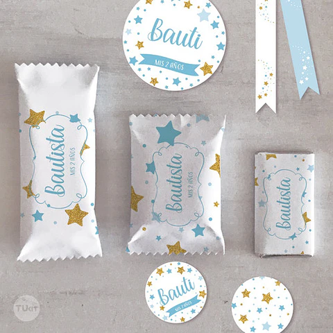 Kit Imprimible Estrellas Glitter Dorado Blanco Celeste Candy