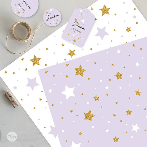 Kit Imprimible Estrellas Dorado Lila Tukit