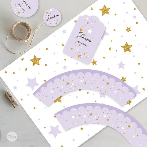 Kit Imprimible Estrellas Dorado Lila Tukit