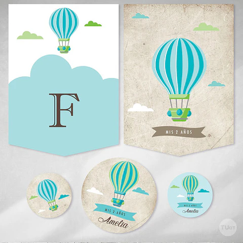 Kit Imprimible Globo Aerostatico Vintage Verde Candy Bar Tuk