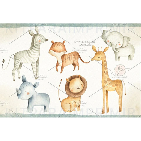 Kit Imágenes Png Cliparts Animales Safari Selva Acuarela 01