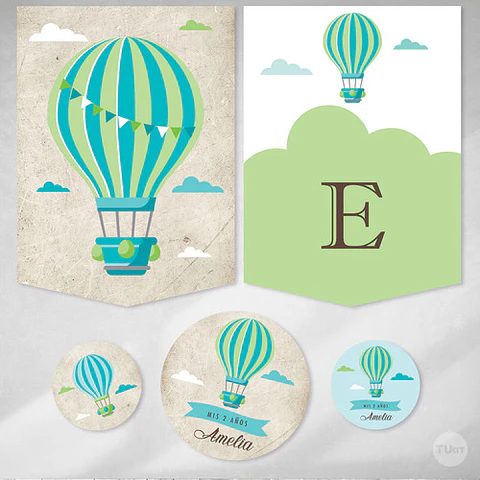 Kit Imprimible Globo Aerostatico Vintage Verde Candy Bar Tuk