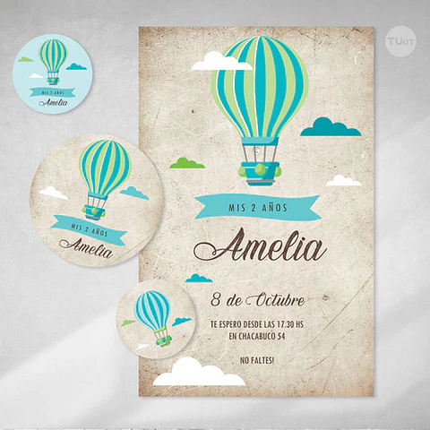 Kit Imprimible Globo Aerostatico Vintage Verde Candy Bar Tuk