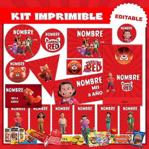 Kit Imprimible Turning Red Editable + Para Colorear