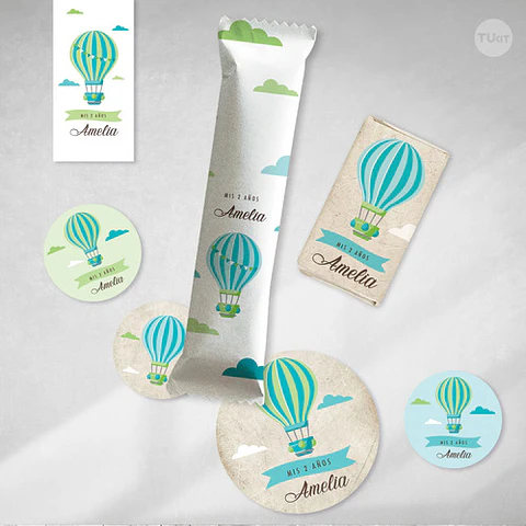 Kit Imprimible Globo Aerostatico Vintage Verde Candy Bar Tuk