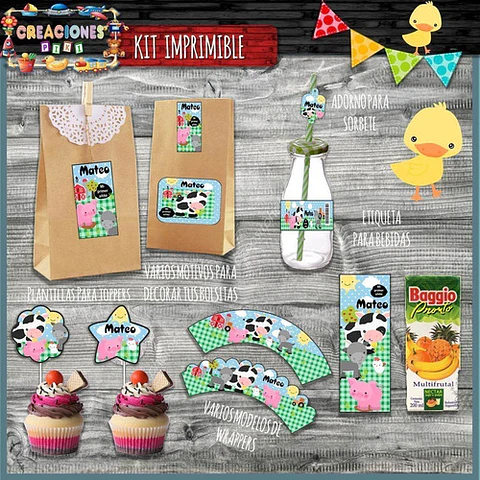 Kit Imprimible Candy Bar Animalitos De La Granja Completo