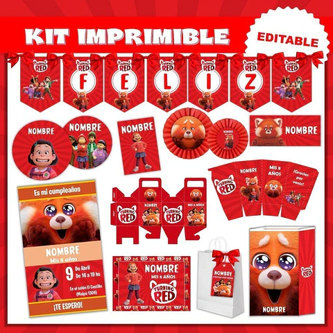Kit Imprimible Turning Red Editable + Para Colorear