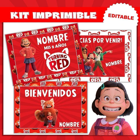 Kit Imprimible Turning Red Editable + Para Colorear