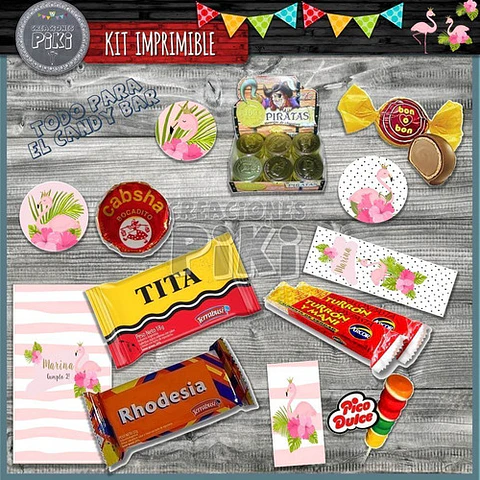 Kit Imprimible Candy Bar Flamenco Rosa El Mas Completo