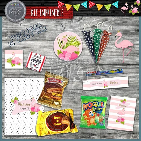 Kit Imprimible Candy Bar Flamenco Rosa El Mas Completo