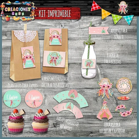 Kit Imprimible Candy Bar Atrapa Sueños Bautismo Completo
