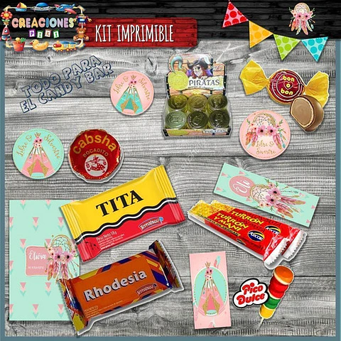 Kit Imprimible Candy Bar Atrapa Sueños Bautismo Completo