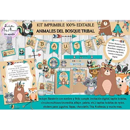 Kit Imprimible Animales Del Bosque Tribal 100% Editable