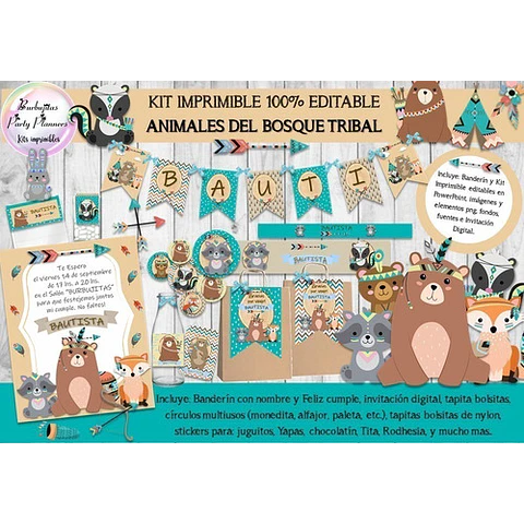 Kit Imprimible Animales Del Bosque Tribal 100% Editable