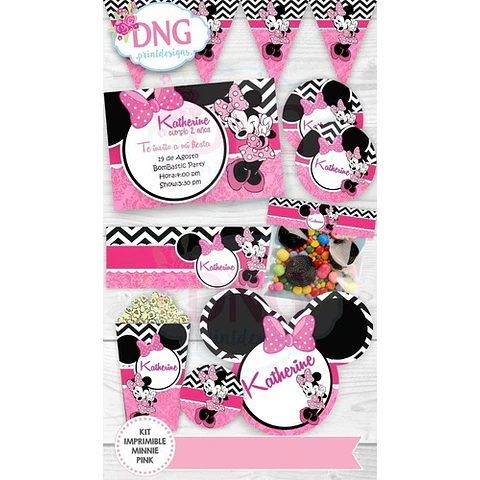 Kit Imprimible Invitaciones Candy Bar Png / Minnie Rosa