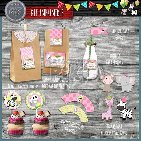 Kit Imprimible Candy Bar Animales Jungla Selva Nenas Full