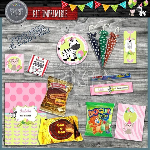Kit Imprimible Candy Bar Animales Jungla Selva Nenas Full